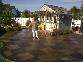 checker board stained concrete patio