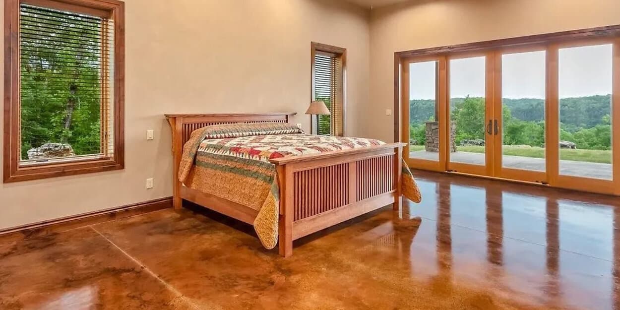 Amazing stained concrete flooring for a bedroom 
